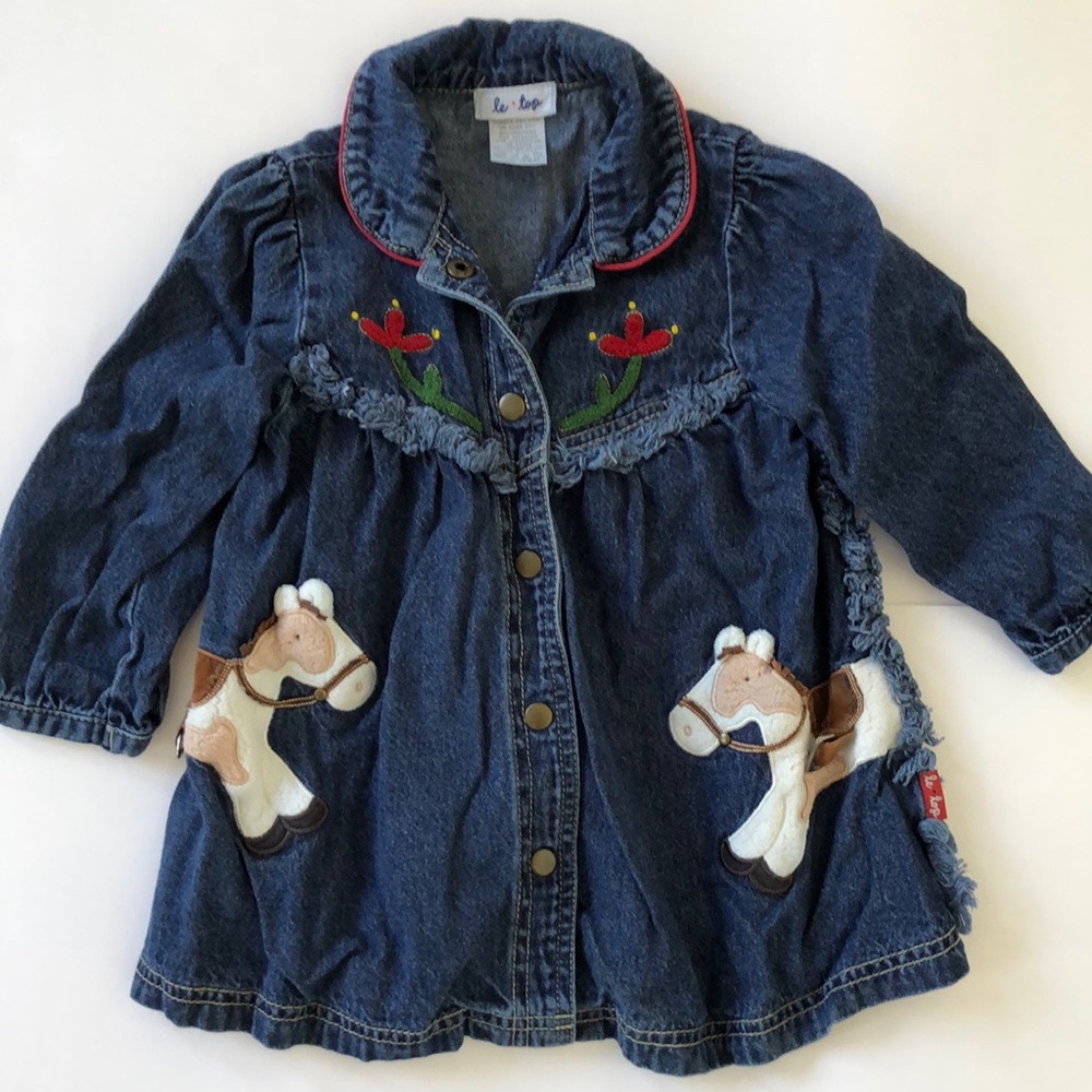 Le Top Blue Jean Jacket with Ruffled Yoke and Horse Appliqués Size 24 Months